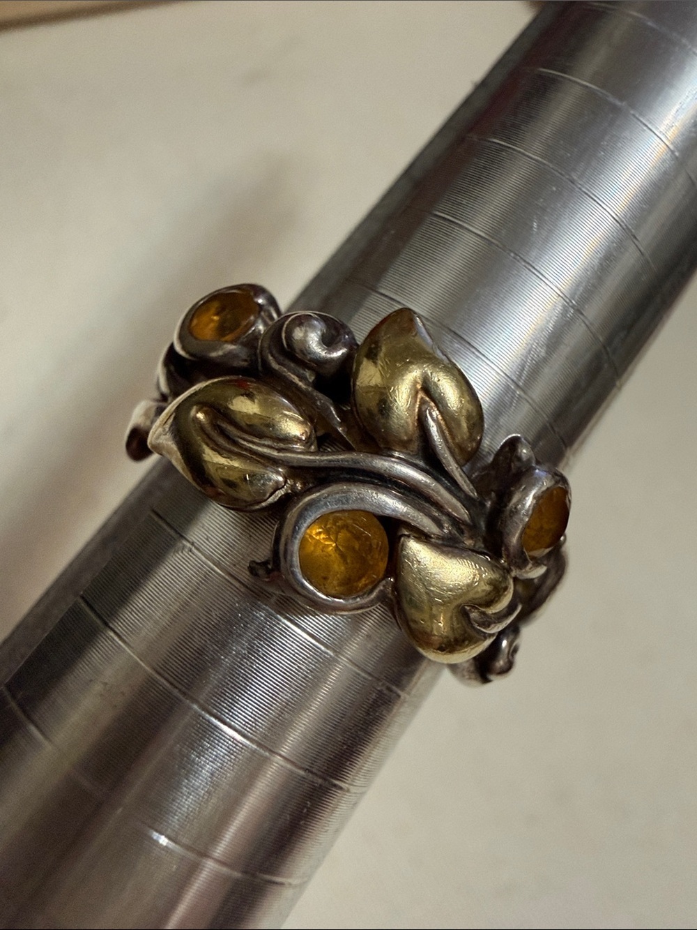 Barbara Bixby 18k Gold & Sterling Silver 925 Citrine Vine Leaf Ring size 9